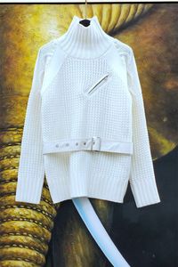 Herfst winter Fashion design dames coltrui lange mouw patchwork PU lederen riem gebreide trui pullover jumpers tops SML