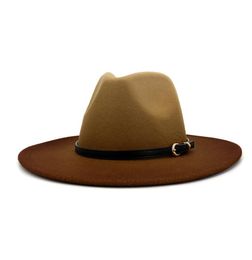 2021 Automne Hiver Fashion Spraypainted Jazz Wainen Hat With Belt Buckle Woman Men Big Wide Brim Panama Gradient Fedora Hat4563680