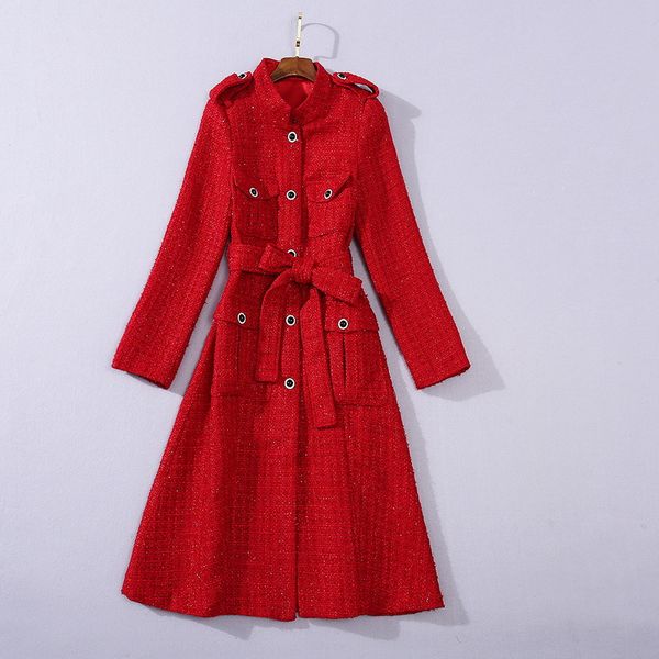 2021 Otoño Invierno manga larga cuello alto negro/rojo Color sólido brillo Tweed bolsillos con cinturón abrigo de mezcla de lana de un solo pecho elegante prendas de vestir largas abrigos 21O300924