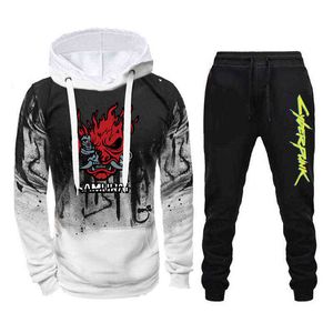 2021 automne hiver hommes tenues de sport décontractées sweats à capuche pantalons de survêtement à capuche de haute qualité à manches longues survêtement Cyberpunk 2 pièces ensemble H1208