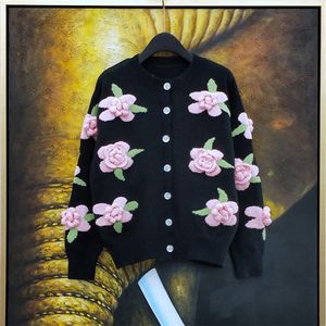 Automne hiver nouveau design femmes de luxe o-cou à manches longues rose fleurs 3D broderie tricot pull cardigan manteau grande taille SML