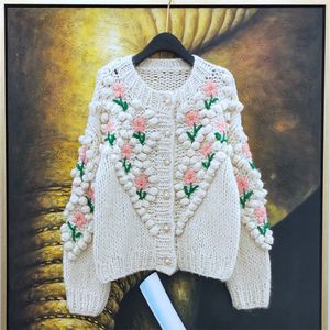 Automne hiver nouveau design femmes o-cou à manches longues laine grossière tricoté épaississement 3D fleurs à la main crochet pull cardigan manteau plus la taille SML