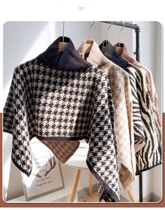 Automne hiver nouveau design femmes col roulé tricoté pied de poule grille impression asymétrique chaud mode pull court haut poncho manteau tricots
