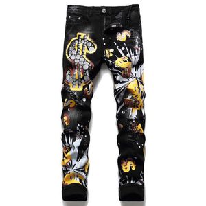 2021 automne hiver nouveaux hommes mince PP lavage jean noir impression trou cassé pantalon mode peinture impression pantalon déchiré Denim pantalon268j