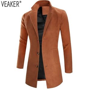 2021 Otoño Invierno Nuevos Hombres Lana Larga Abrigo Chaqueta Hombre Slim Fit Cashmere Abrigos Outerwear Outerwear Khaki Black Wool Coats 3XL X0621