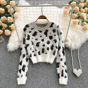 Herfst winter nieuwe vrouwen o-hals lange mouw mohair wol luipaard print strass patchwork korte gebreide trui trui