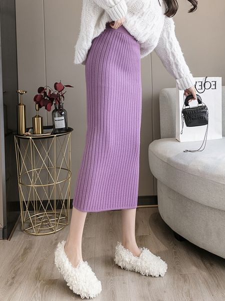 Automne hiver nouvelles femmes couleur unie taille élastique épaississement chaud crayon tricoté maxi longue jupe SMLXL