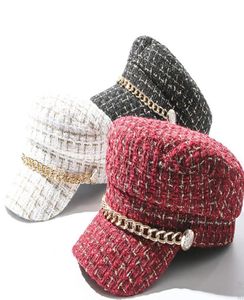 2021 AUTUMNE Hiver Tweed Chain Military Hat pour femmes laine plate armée Cap Salior Girl Girl Visor Travel Berets Plaid New