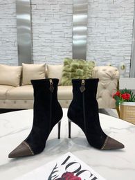 2021 automne hiver femmes collet talon haut bottes courtes chaussures en cuir véritable tête conception laque toile matériel