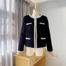 Otoño diseño de moda mujer cuello redondo rebordear faux mohair lana cálido lurex patchwork lujo delgado cintura abrigo chaqueta SML