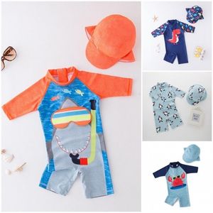 2021 Babyjongen Badmode met Cap Suit Surfing Wear Shark Swimming Baby Peuter Kinderen Kinderen Zonnebrandcrème Strand Badpak