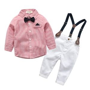 2021 babykleding set strikje rode streep katoenen shirt + overalls 2 stks outfits pak peuter jongen kleding
