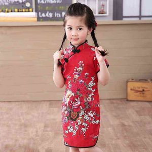 Robe chinoise pour petites filles, vêtements d'été en coton et lin, robes traditionnelles rouges pour fête du nouvel an, Qipao G1218, 2021