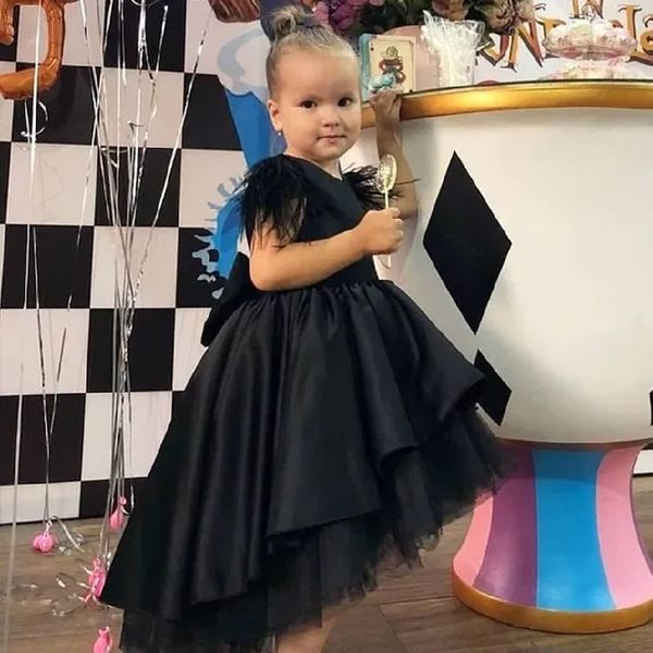 2021 vestido de baile vestidos de niña de las flores con perlas joya vestido de fiesta para niñas pequeñas vestidos de desfile satén negro alto bajo