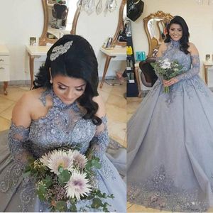 2021 baljurk luxe zilveren grijs quinceanera jurken halter lange mouwen met de hand gemaakte bloemen zoet 16 sweep trein feest prom avond gow 290T