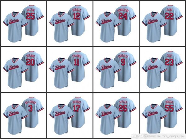 2021 Baseball Hommes Josh Donaldson Maillots Cousu Byron Buxton Miguel Sano Max Kepler Cooperstown Collection Route Hommes Femmes Jeunes enfants