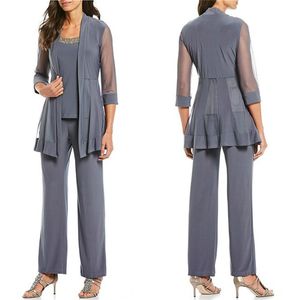 Beading juweel nek moeder van de bruid broek past drie stukken chiffon jumpsuits bruiloft gast jurk plus size broekpakken