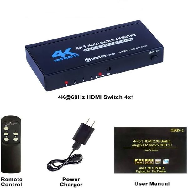 2021 el mejor interruptor de 4K compatible con HDMI 2.0 soporte RGB 4: 4: 4 HDR Switch 4K 60Hz 2.0 Switch Remote IR UHD 4 Puerto conmutador de interruptor
