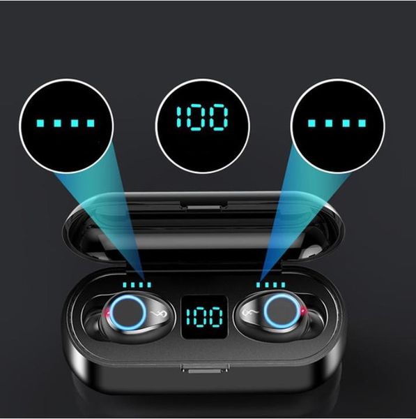 2021 Meilleur écouteur sans fil Bluetooth V5.0 F9 TWS Casque HiFi Stéréo Écouteurs Affichage LED Contrôle tactile 2000mAh Power Bank Mic Headset