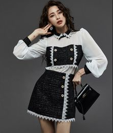 2021 Black A Line Korean Spring herfst 2 -delige set vrouwen zoete chiffon patchwork tweed Peter pan kraag shirts top + korte rokoutfit