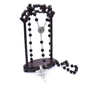 2021 noir acrylique croix chapelet perles collier Long pendentif pour hommes femmes religieux prière bijoux cadeaux