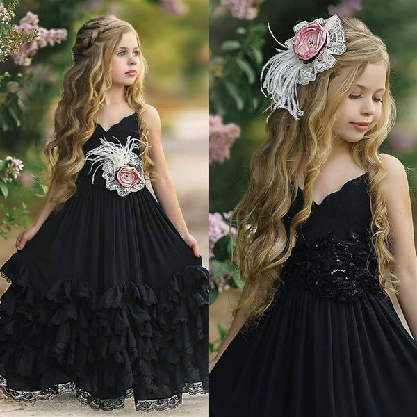 2021 vestidos de niña de flores bohemios negros para bodas gasa línea A vestido de desfile para niñas hasta el suelo vestido de comunión de cumpleaños para niños 270u