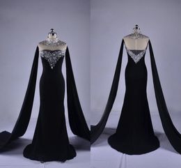 2021 Robes de soirée noires avec enveloppement en argent paillettes perlées haut de cou High Voir à travers le dos pour occasion spéciale Robe Prom Robes de fête formelles