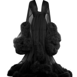 2021 Black Fur Night Robe Bridal Lange mouwen Sleepkleding Bekijk sexy feest nachthowns gewaden op maat gemaakt 341E