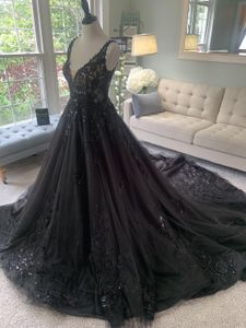 2021 zwarte gotische trouwjurken jurken met riemen v-hals veter-up rug lovertjes kant tule niet-wit vintage bruid jurk