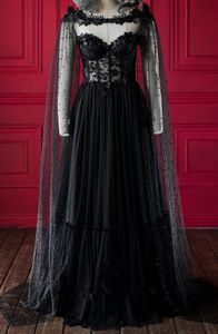 2021 Robes de mariée gothiques noires avec perles Cape sans bretelles chérie A-ligne corsage transparent dentelle appliques fleurs 3D robe de mariée gothique sur mesure