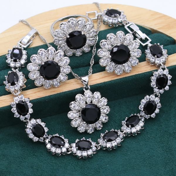 Ensemble de bijoux en argent Zircon noir vert bleu pour femmes, boucles d'oreilles, collier, pendentif, bague, cadeau, 2021