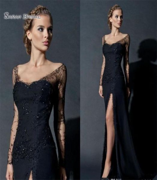 Robe de soirée noire, fourreau fendue haute, manches longues, dentelle, paillettes, robe de bal de célébrité, 2021, 7430545