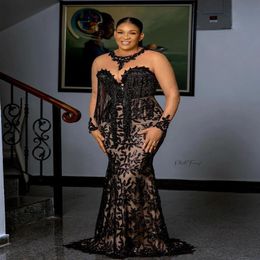 2021 Black Lace Avondjurken Vrouwen Plus Size Lange Mouwen Mermaid Aso Ebi Prom Dress Applicaties Custom Made Zuid afrika Gown298V