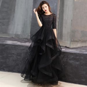 2021 dentelle noire tulle longues robes de bal modestes avec la moitié 1 2 manches une ligne étage longueur volants jupe adolescents robe de soirée formelle2280