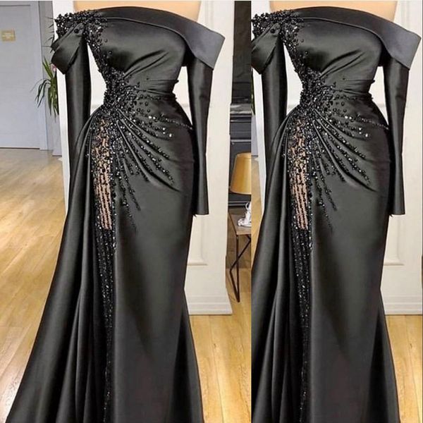 2021 Negro Major Beading Crystal Sirena Vestidos de noche Fuera del hombro Mangas largas Dubai Árabe Vestido de fiesta Satén Formelle túnicas vestido fiesta Vestidos de fiesta