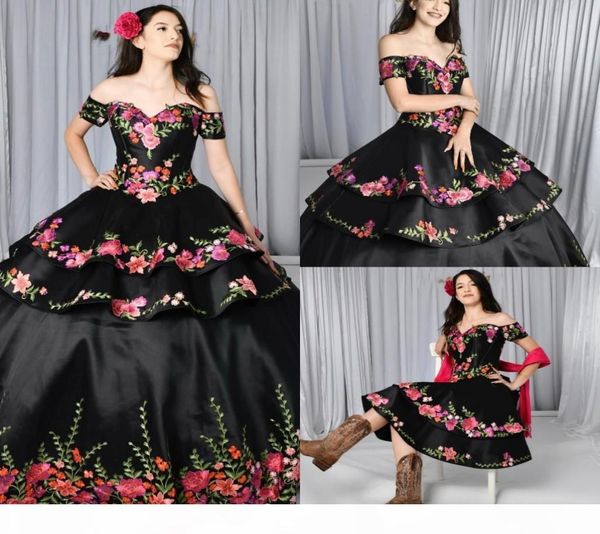 2021 Vestidos de quinceañera negros Charro Falda desmontable Floral bordado fuera del hombro Vestido dulce 16 Tema mexicano Tallas grandes 6293678