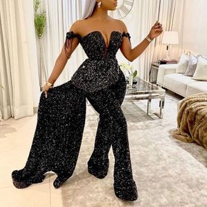 2021 Zwart lovertjes Avondjurken Jumpsuit Satijnen boog terug met afneembare rok Nieuwe formele jurk lieverd nek vloeren lengte prom dr 282l