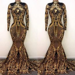 2021 Bling Long Manches Robes de soirée Sirène High Neck Holidays Graduation Wear Black Gold Sequins Prom Prom Party Robes Custom