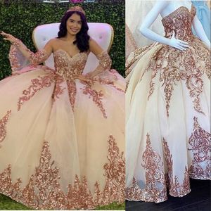 2021 bling rose gouden lovertjes lace lange mouwen quinceanera jurken baljurk Sweetheart crystal kralen pailletten puffy party jurk prom avondjurken