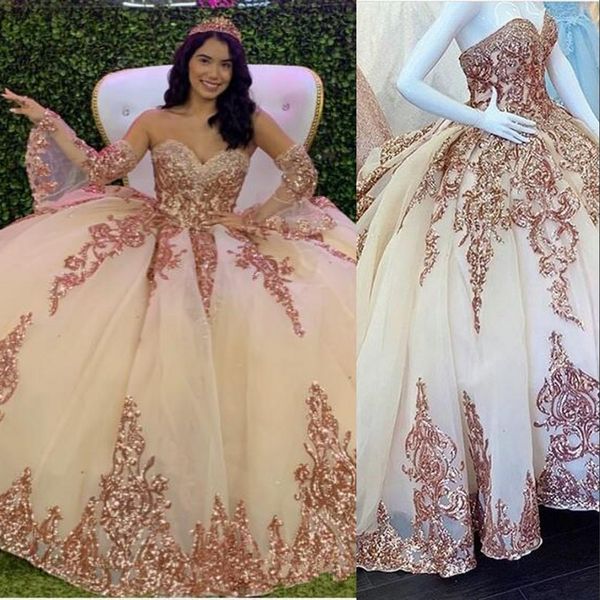 2021 Bling Rose Gold Lentejuelas Encaje Mangas largas Vestidos de quinceañera Vestido de fiesta Sweetheart Crystal Beads Lentejuelas Vestido de fiesta hinchado Vestidos de noche de graduación