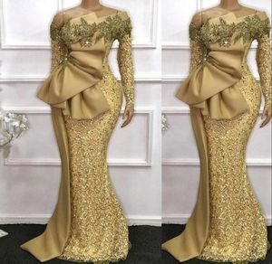 2021 Bling Sexy Robes de bal pour femmes Gold Pailled Long Manches à l'épaule Appliques de dentelle en cristal Robe de soirée formelle 9297252