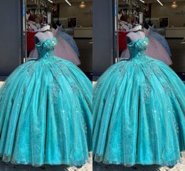 2021 Bling Turquoise Organza Quinceanera Robes Pour Femmes Robes De Bal Plus La Taille Hors Épaule Applique Perlée Sweet 15 Filles Prom Graduation Party Dress