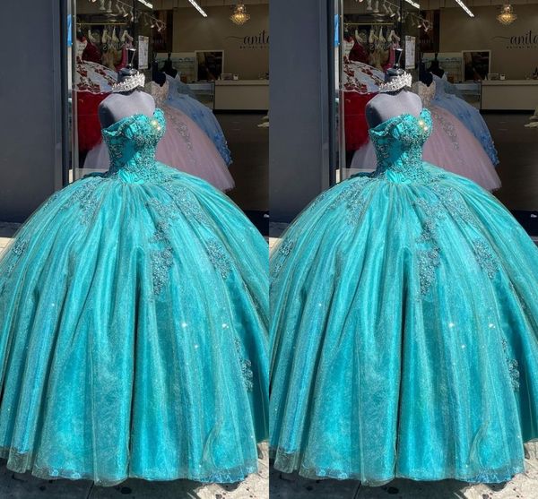 2021 Bling Turquoise Organza Quinceanera Robes Pour Femmes Robes De Bal Plus La Taille Hors Épaule Applique Perlée Sweet 15 Filles Prom Graduation Party Dress