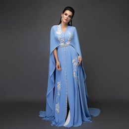 2021 Blue Plus Size Arabisch ASO EBI Sexy Chiffon Caftan Prom Jurken Borduurwerk Kristallen Avond Formele Partij Tweede Receptie Jurken Jurk