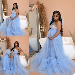 2021 Blue Ruche Plus Size Zwangere Dames Moederschap Nachtkleding Jurk Eén Schouder Nachthonten voor Photoshoot Lingerie Bathrobe Nightwear Baby Shower