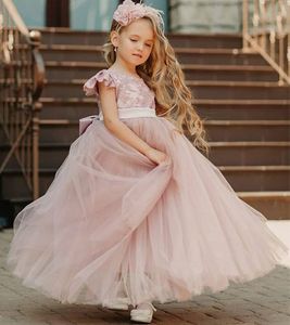 2021 Blush Rose A-ligne Robes De Fille De Fleur Tulle Dentelle Arc Lilttle Enfants Anniversaire Pageant Robes De Mariée ZJ674