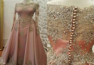 2021 Blush roze avondjurken voor vrouwen dragen juweel nek lange mouwen Lange mouwen gouden kanten appliques kristal kralen sexy formele prom jurk p3911224