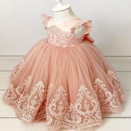2021 Blush Pink Pink Lace Flower Girl Dresses Ball Jurk Backless Vintage Lilttle Kids Birthday Pageant Weddding Jurken Zj674 288K