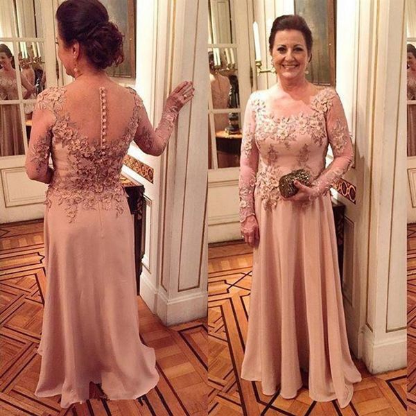 2021 Blush Pink Madre de los vestidos de novia Joya Cuello Apliques de encaje Flores Ilusión Satén Mangas largas Vestido de noche Boda Gu2727