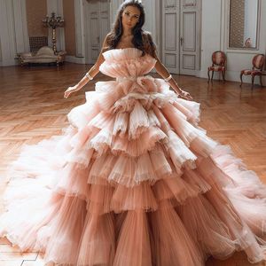 2021 Blush roze prom jurken sexy strapless tiered rokken ruches avondjurk formele plooien cocktailjurken quinceanera jurken